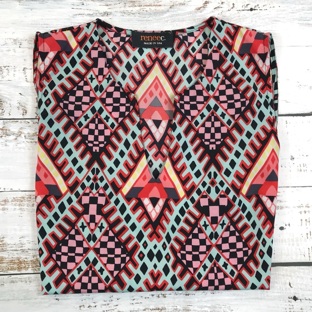 Renee C Sleeveless Multi-Colored Diamond Print Blouse V-neck